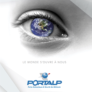 Œil avec iris terrestre et logo PORTALP, avec le texte français « Le monde s'ouvre à nous »