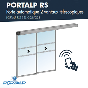 Porte coulissante télescopique automatique à deux vantaux PORTALP RS avec icône de télécommande, blanche et grise