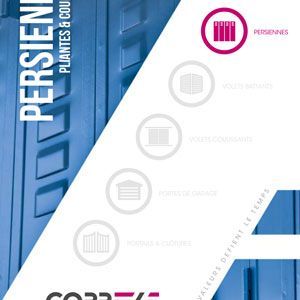 Couverture de brochure bleue et blanche avec le titre « PERSIEN » en magenta et de discrètes icônes circulaires présentant les caractéristiques principales.