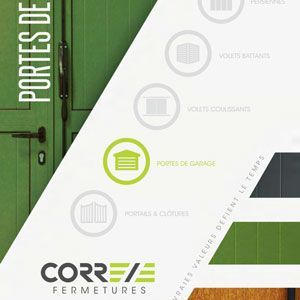 Graphique promotionnel vert et blanc pour CORTESE FERMETURES avec des icônes de porte et de bâtiment.