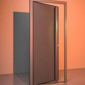 Porte ouverte moderne avec une porte gris foncé sur un mur et un sol couleur pêche