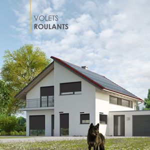 Maison blanche moderne avec un toit rouge et un chien devant, sous un ciel nuageux.
