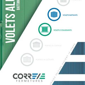 Couverture de brochure verte et blanche pour Correa Fermetures présentant différents styles de fenêtres et de volets