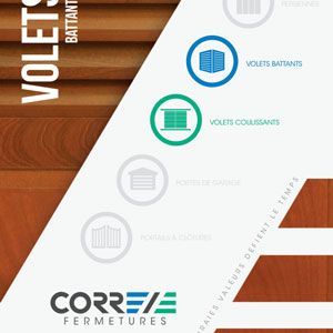 Couverture de brochure pour volets personnalisables avec motif géométrique en bois et blanc et logo Correzie Fermetures