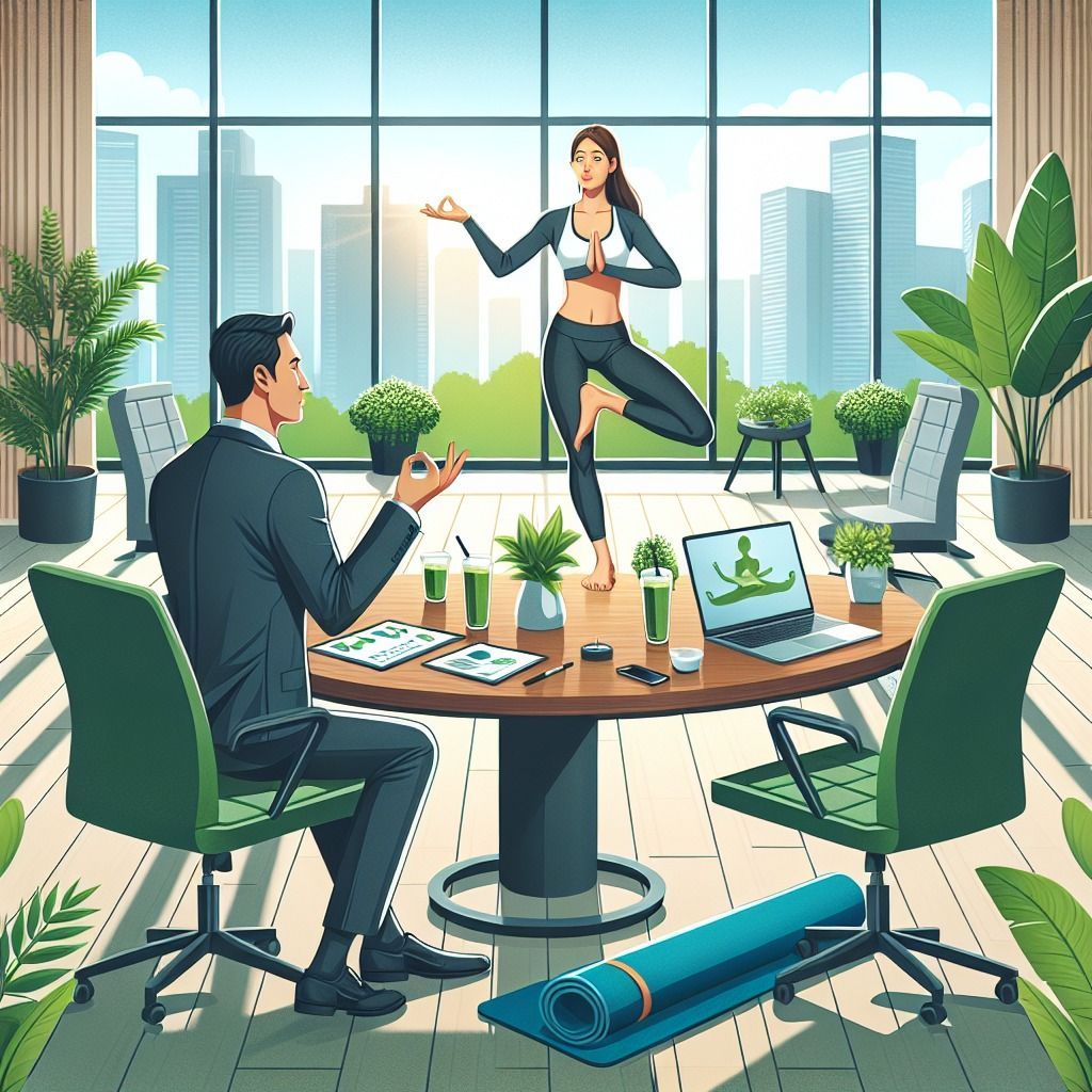 Un hombre y una mujer están sentados en una mesa en una oficina mientras una mujer está haciendo yoga.