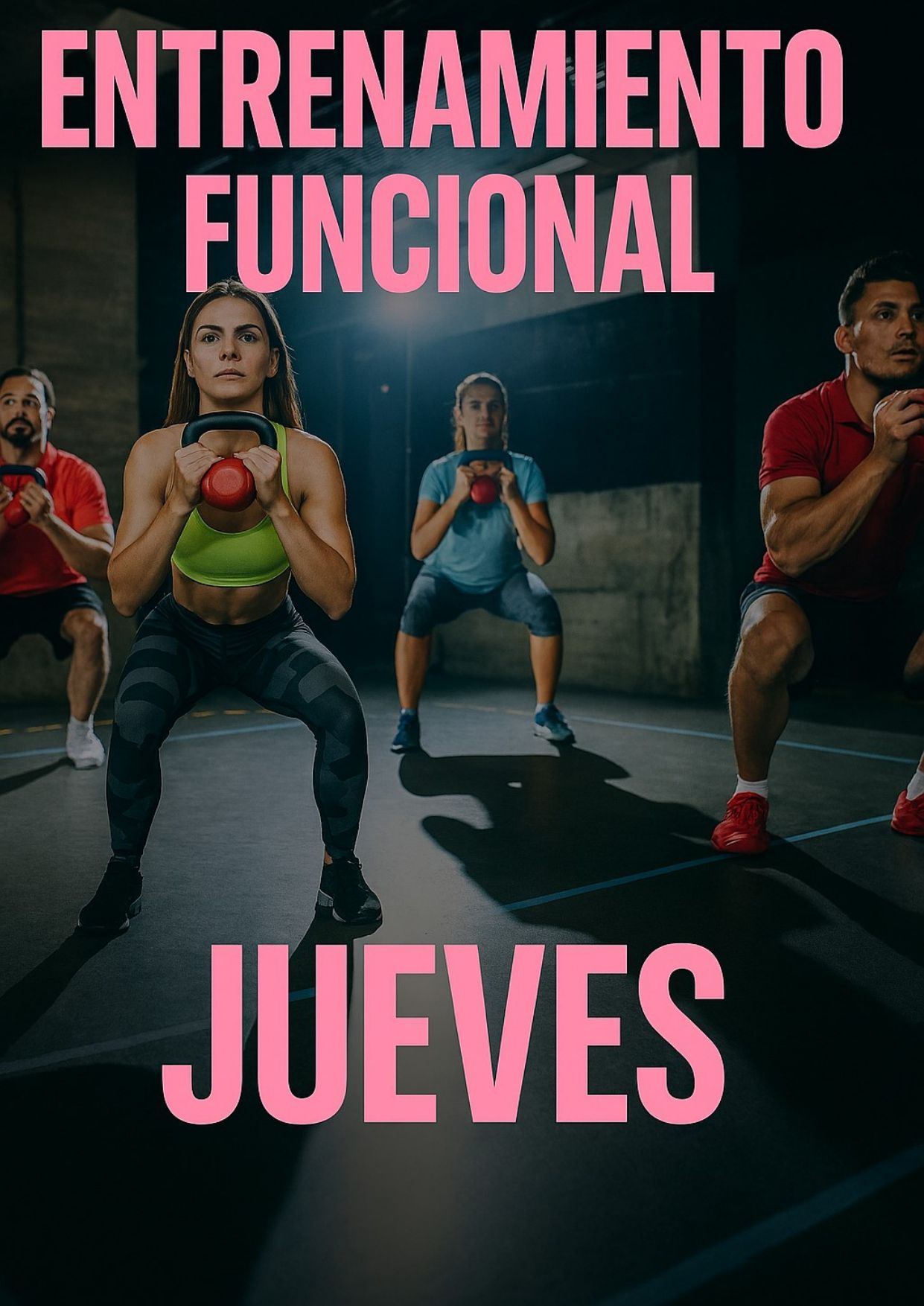 Ejercicios en grupo con pesas rusas en el gimnasio. Texto: