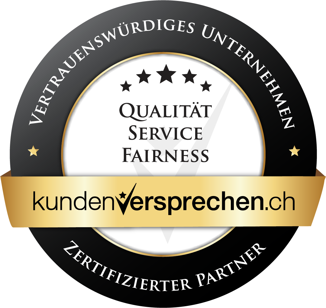 Schwarzes und goldenes Siegel für „Vertrauenswürdiges Unternehmen“. Enthält den Text „Qualität, Service, Fairness“ und die Website. 
