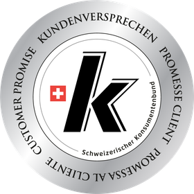 Schwarzes und goldenes Siegel für „Vertrauenswürdiges Unternehmen“. Enthält den Text „Qualität, Service, Fairness“ und die Website. 