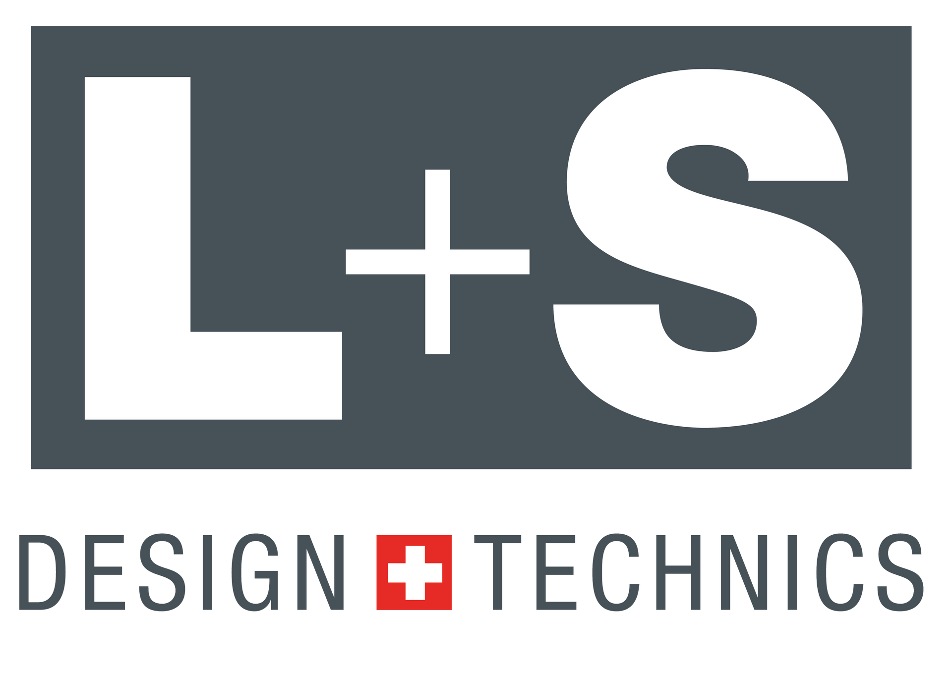 Logo für L+S Design + Technics: Graues Rechteck mit weißem „L + S“ und Pluszeichen; darunter „DESIGN + TECHNICS“ und eine Schweizer Flagge.