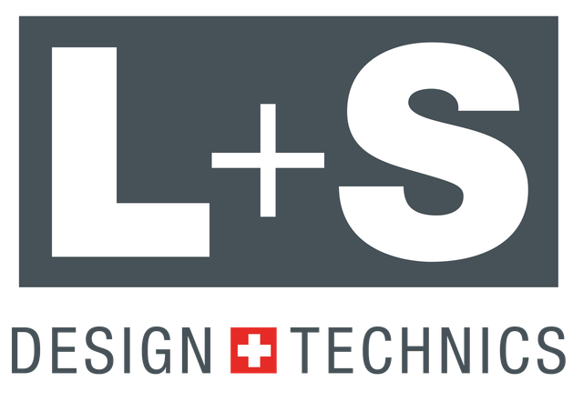 Logo für L+S Design + Technics: Graues Rechteck mit weißem „L + S“ und Pluszeichen; darunter „DESIGN + TECHNICS“ und eine Schweizer Flagge.