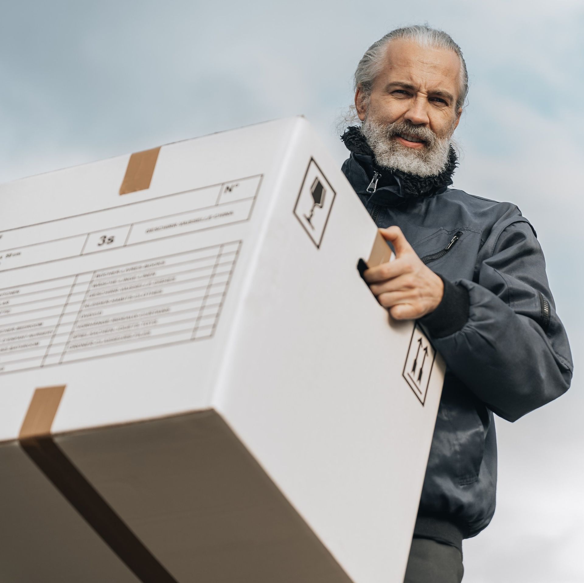 Mann trägt großen Karton mit Warnsymbolen.