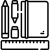 Ein schwarzweißes Symbol eines Notizbuchs, eines Bleistifts, eines Lineals und eines Radiergummis.