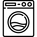 Ein schwarzweißes Waschmaschinensymbol auf weißem Hintergrund.