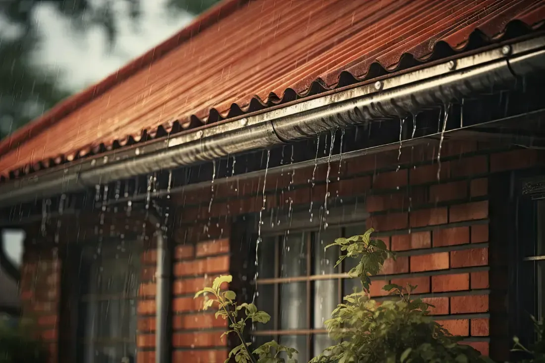 Lluvia cayendo desde un techo rojo hacia una canaleta en una casa de ladrillo.