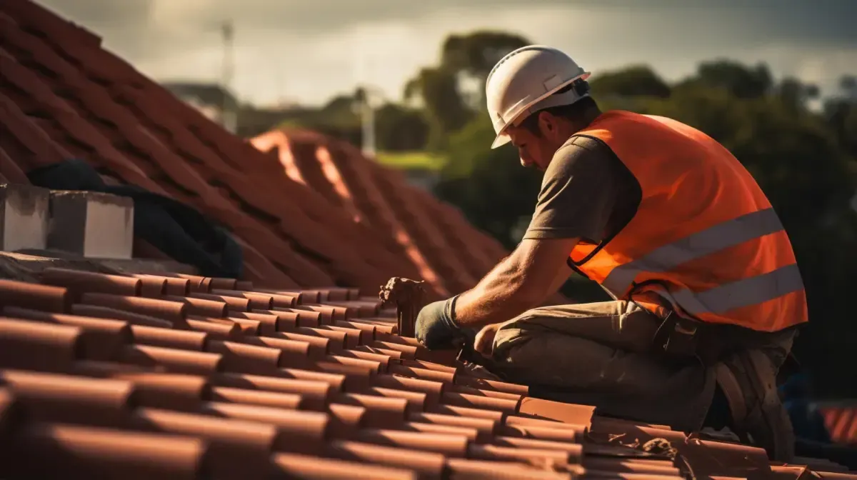 Techador con chaleco de seguridad y casco instalando tejas de terracota en un techo.