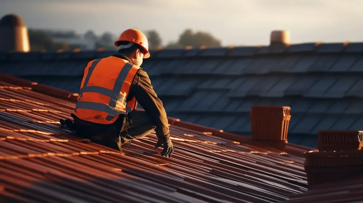 Un techador con chaleco naranja y casco inspecciona un tejado de tejas bajo la brillante luz del sol.
