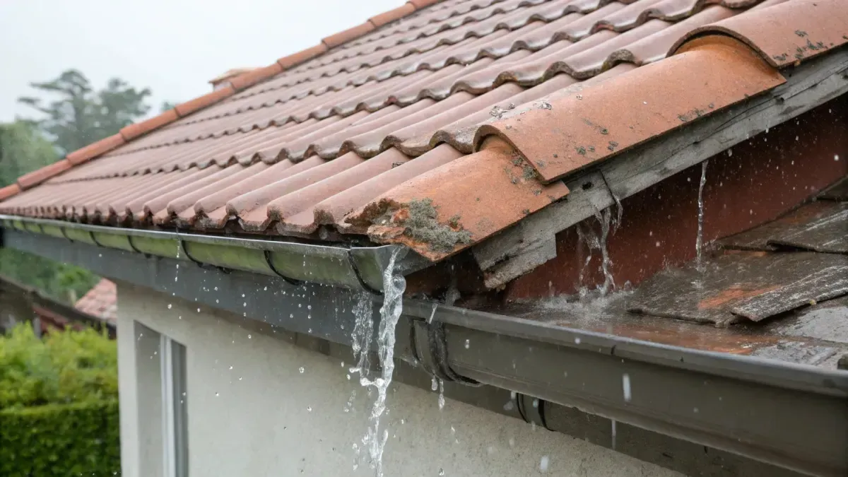 Agua de lluvia cayendo desde un canalón sobre un tejado de tejas.