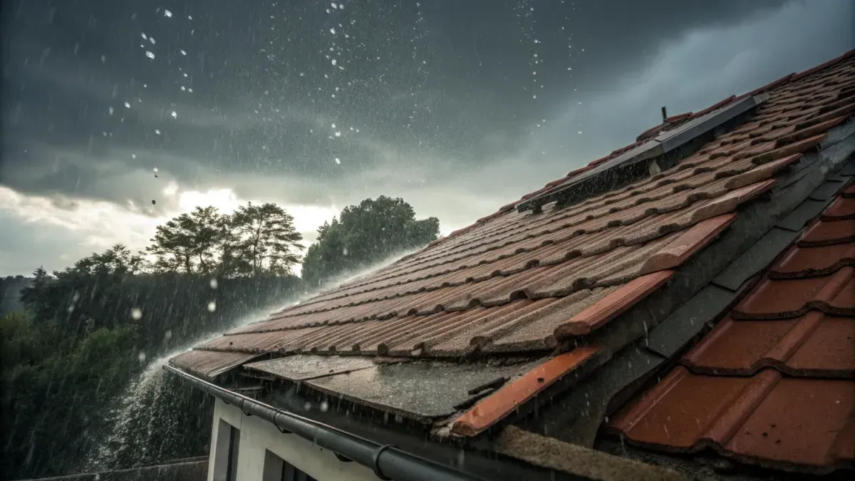 Lluvia cayendo sobre un techo de tejas rojas, cielo oscuro y nublado encima.