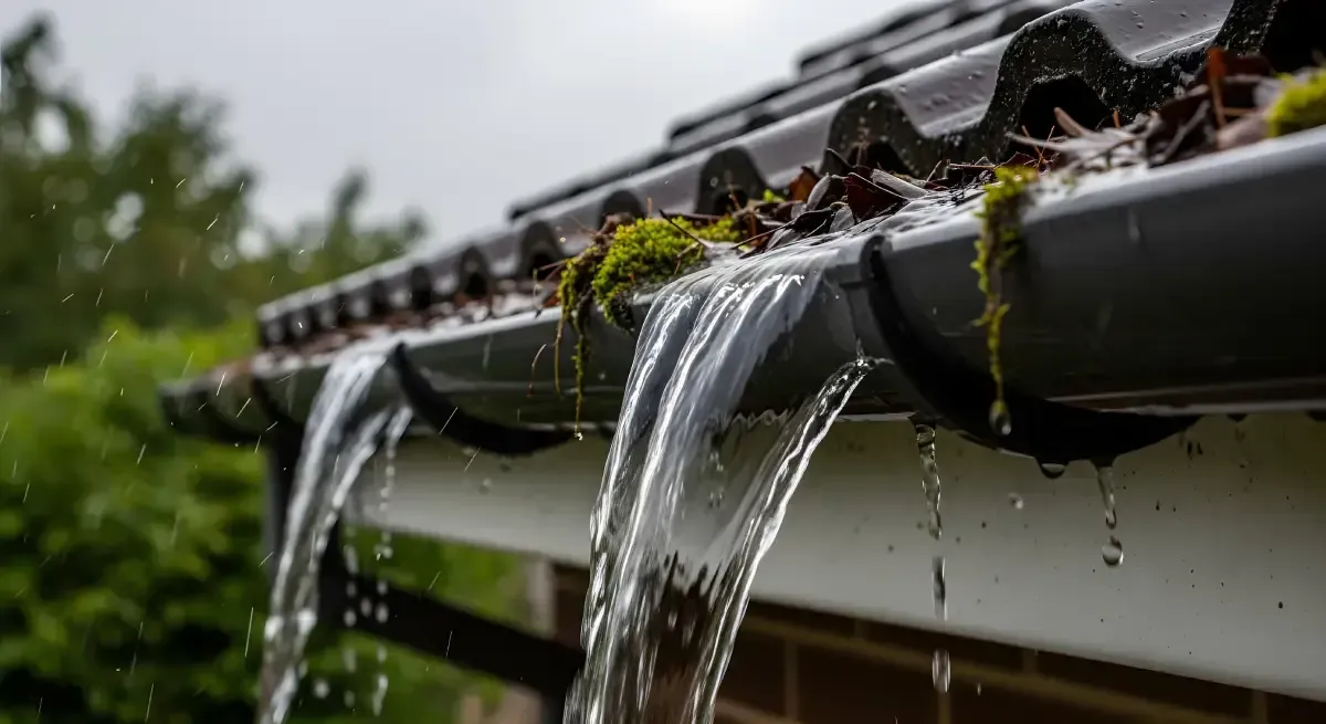 El agua de lluvia cae desde un canalón sobre un tejado, con hojas mojadas y musgo visibles.