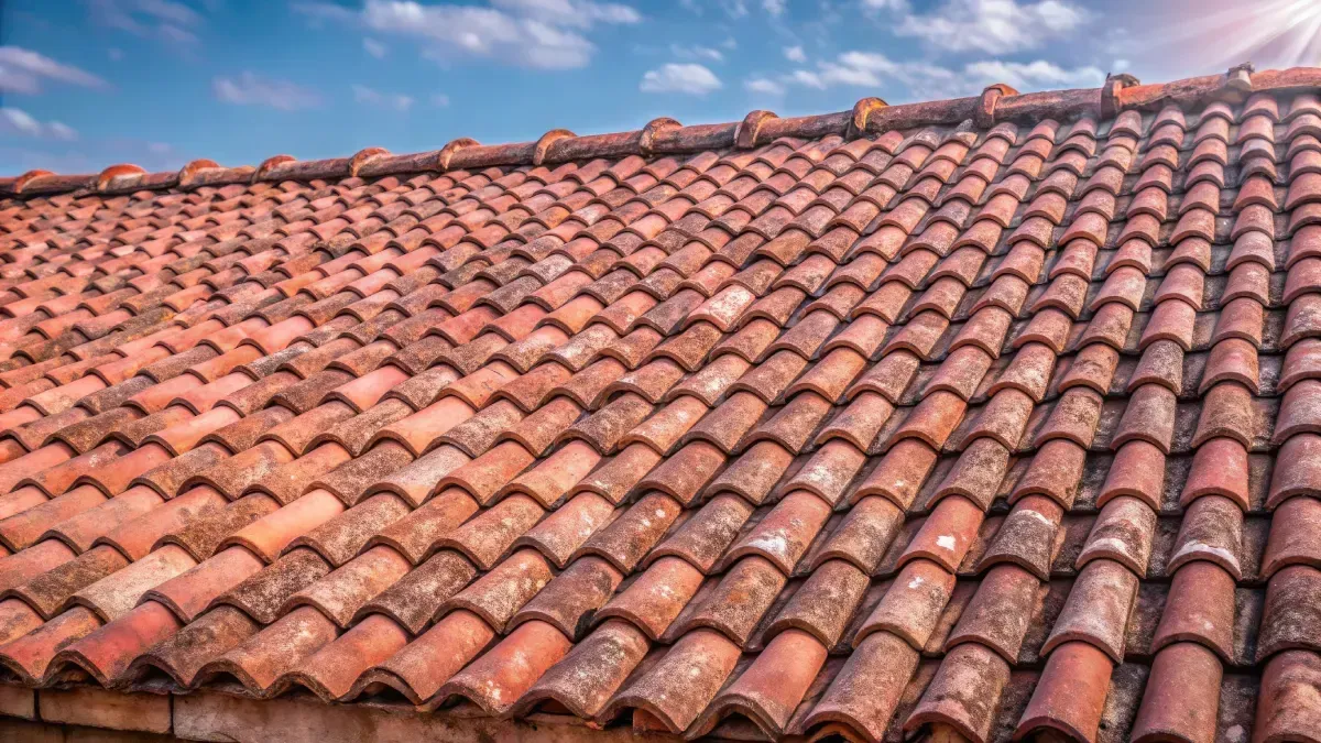 Techo de tejas de arcilla contra un cielo azul con sol.