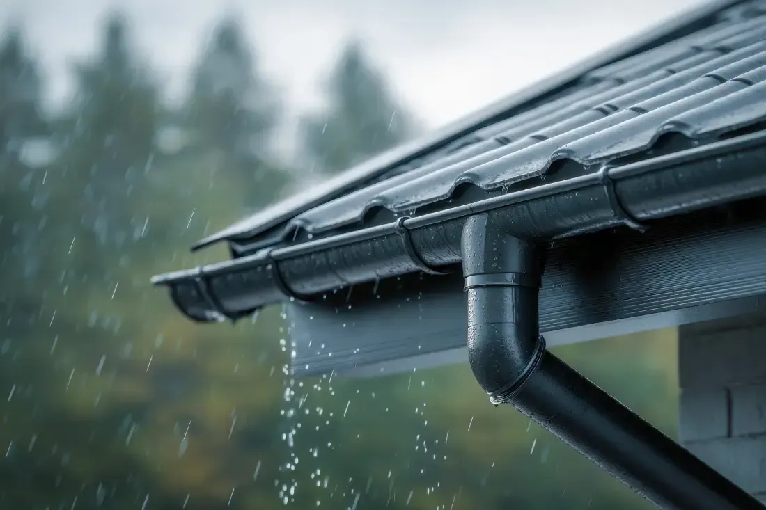 Canalón de lluvia negro en un tejado durante una lluvia.