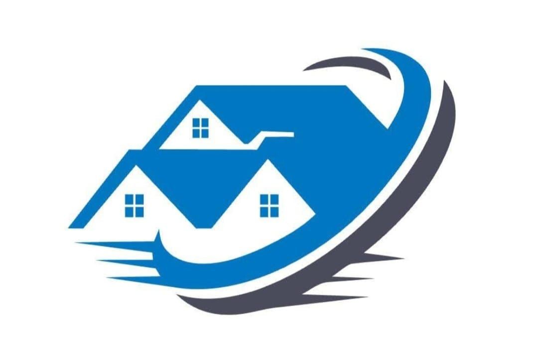 Tejados azules con ventanas blancas rodeadas por un s&iacute;mbolo azul y gris.