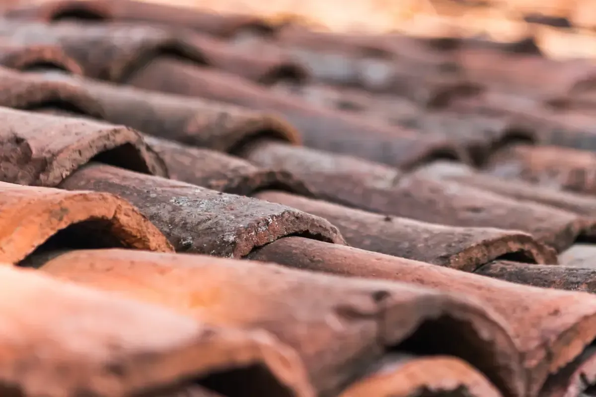 Primer plano de tejas de terracota desgastadas, en ángulo, en distintos tonos de marrón.