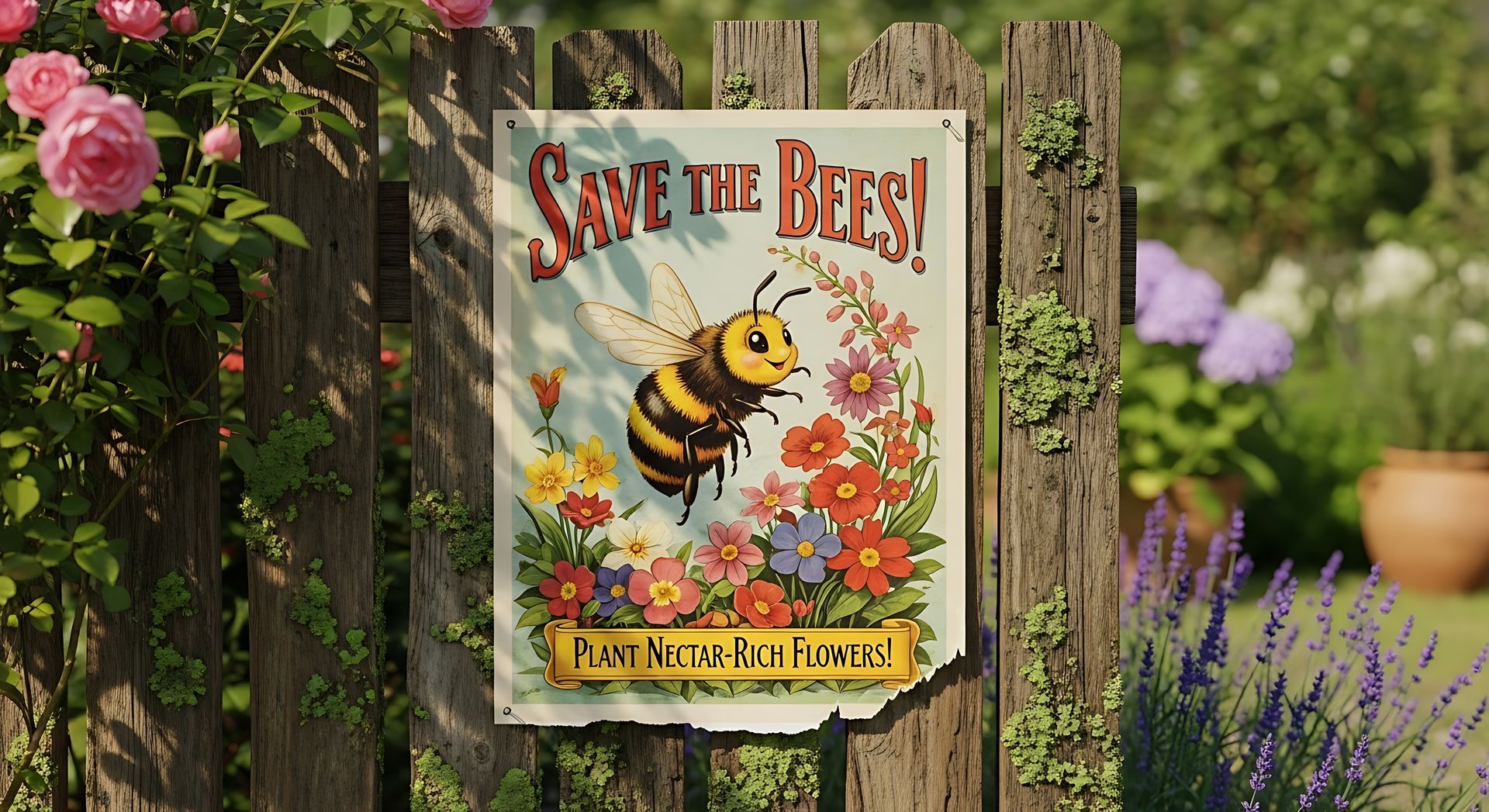 Panneau Sauvez les abeilles ! avec une abeille de dessin animé entourée de fleurs colorées, affiché sur une clôture en bois dans un jardin.