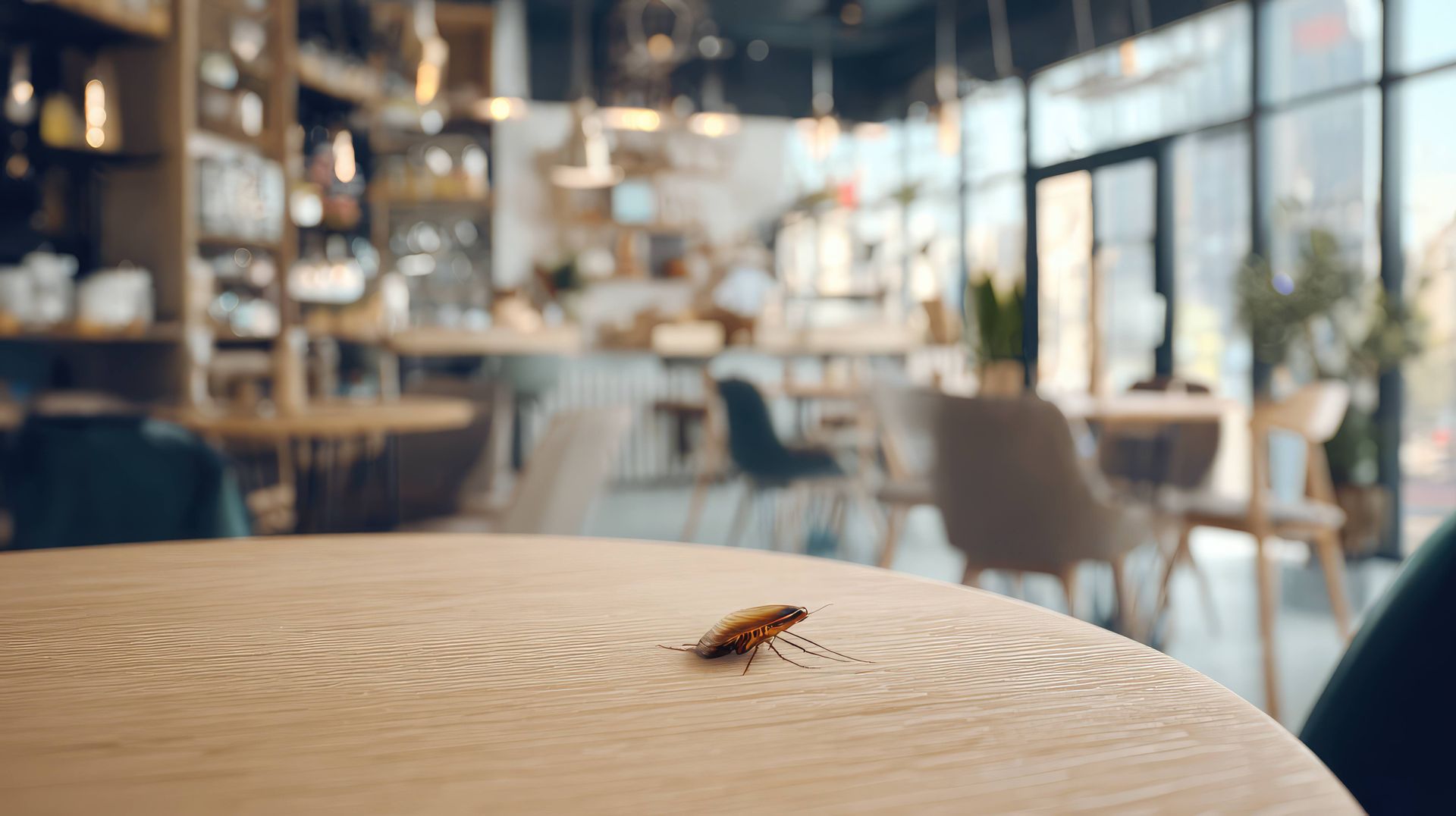 Cafard sur une table en bois dans un décor de café flou.