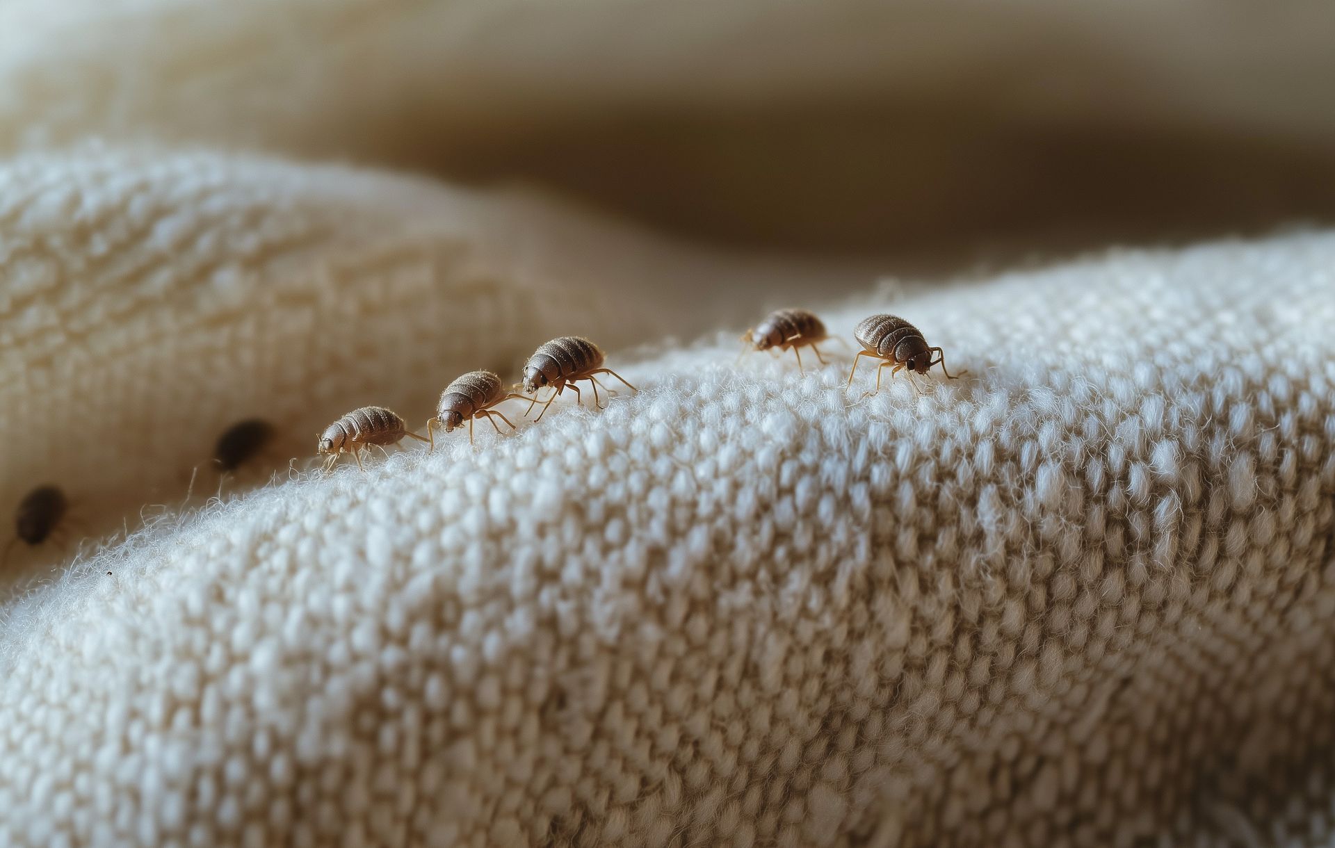 Petits insectes bruns rampant sur une surface texturée de couleur claire, peut-être en tissu.