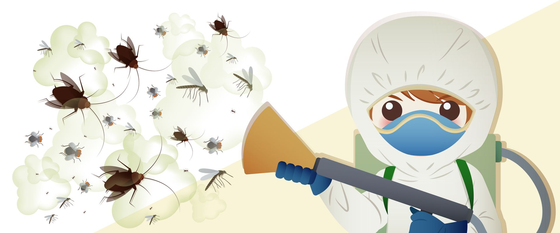 Un agent de lutte antiparasitaire pulvérise un insecticide sur une nuée de mouches. Il porte une combinaison et un masque de protection.