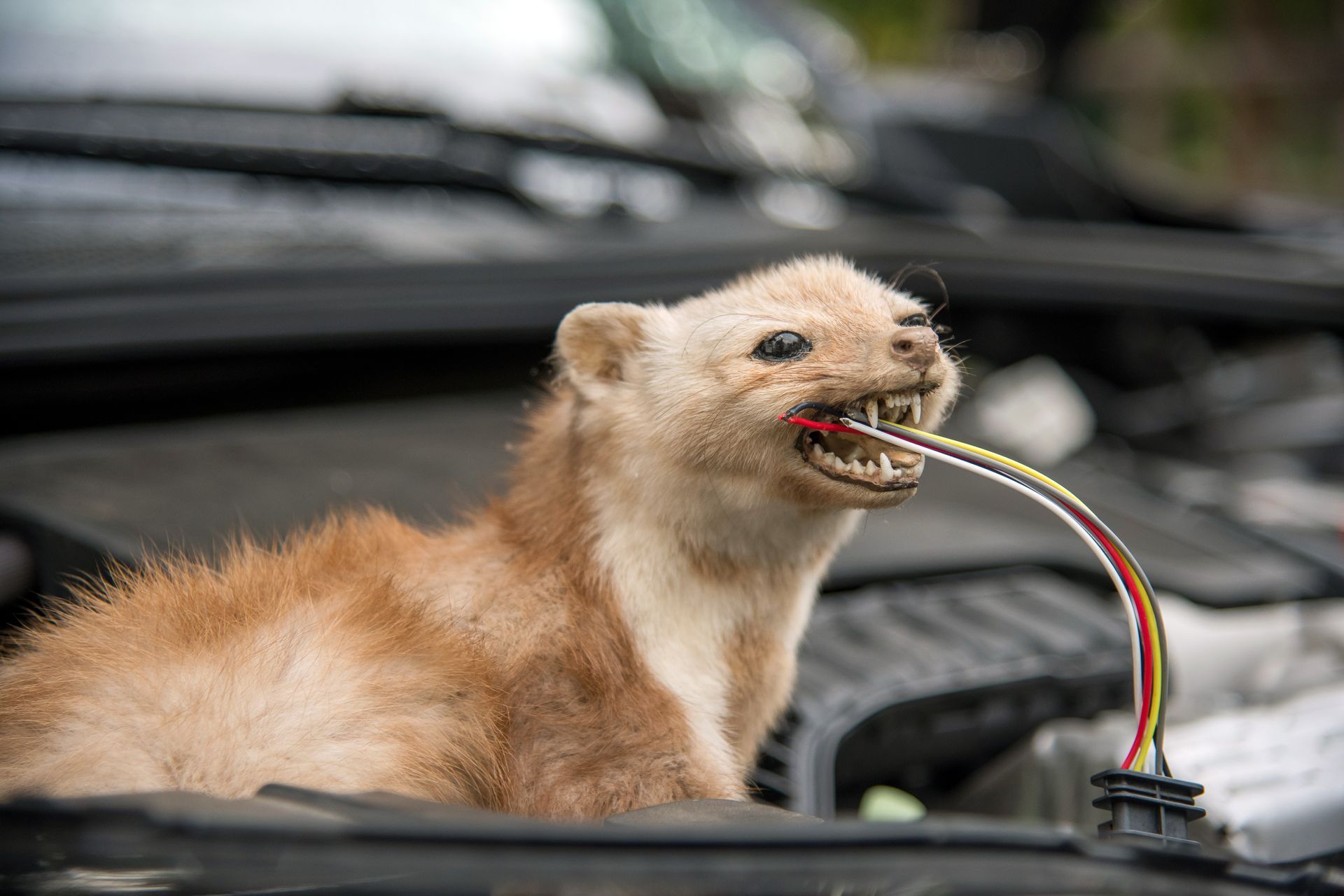 Une belette dans le moteur d'une voiture ronge des fils.
