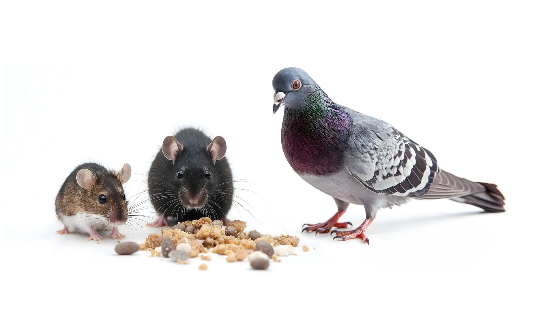 Souris, rat et pigeon mangeant de la nourriture sur fond blanc.
