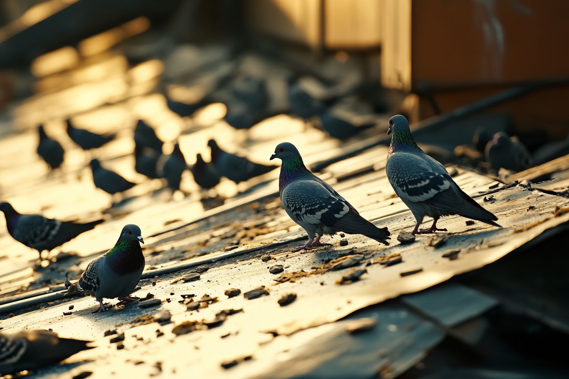 Volée de pigeons sur un toit abîmé, éclairé par la lumière du soleil, débris éparpillés.