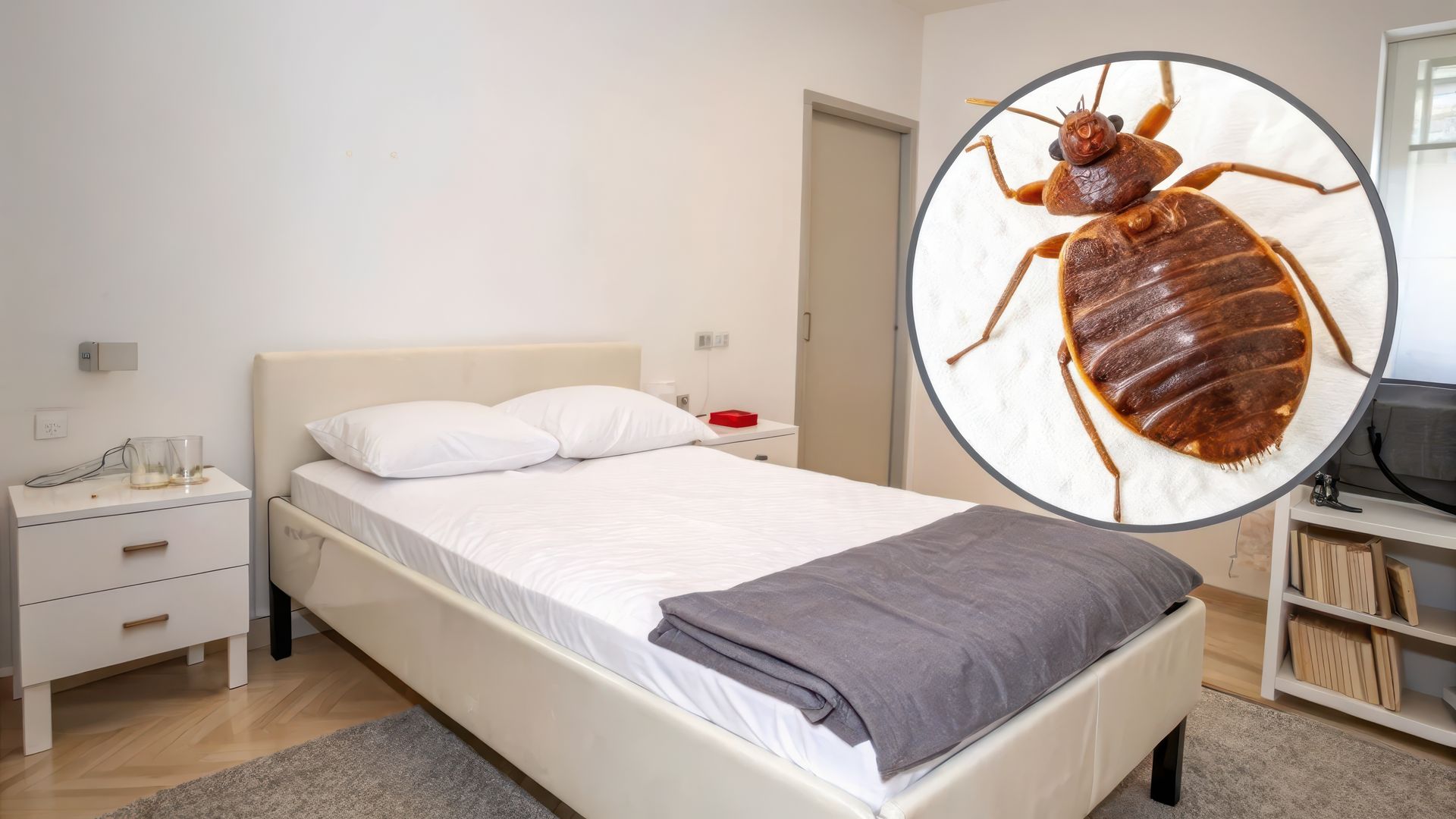 Chambre avec lit ; punaises de lit superposées. Murs blancs, parquet, tables de chevet.