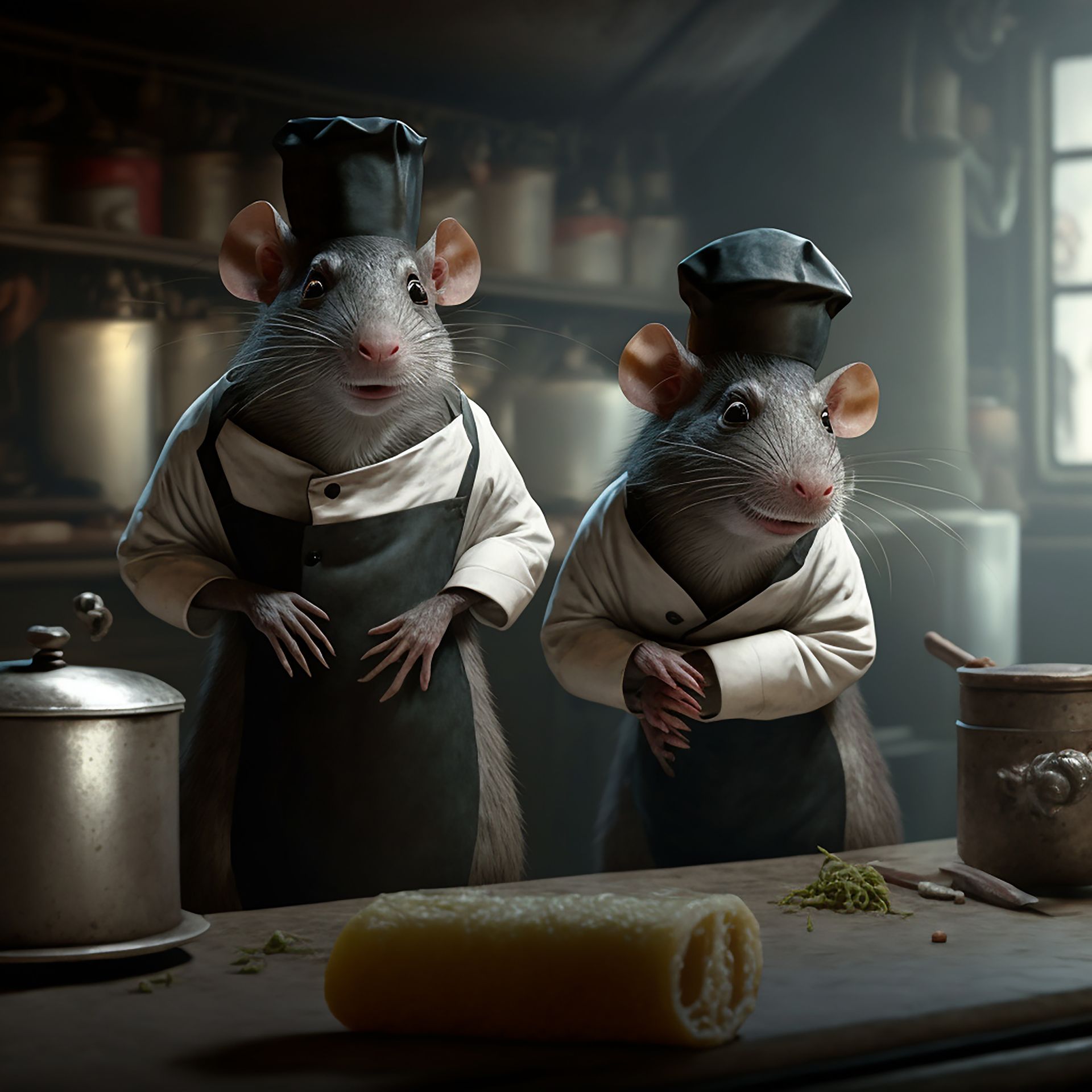Deux rats chefs dans une cuisine, regardant un rouleau de pâtes. Ils portent des toques, des tabliers et des vestes blanches.