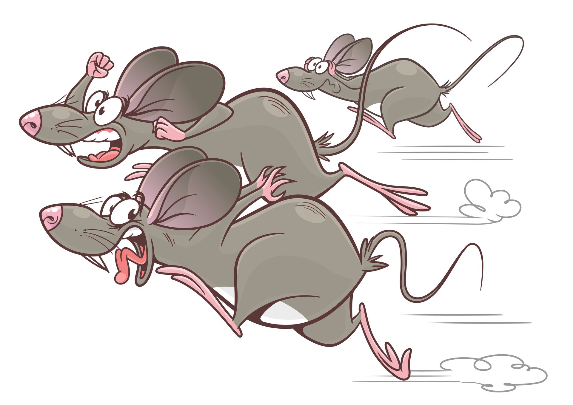 Trois souris de dessin animé courant avec des expressions paniquées.
