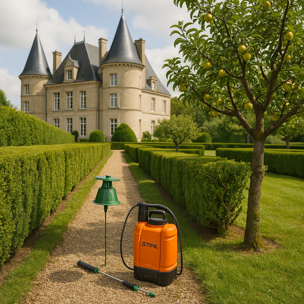Un pulvérisateur orange sur une allée de jardin devant un château, des haies et un arbre fruitier.