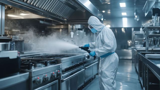 Une personne en combinaison de protection pulvérise du désinfectant dans une cuisine.