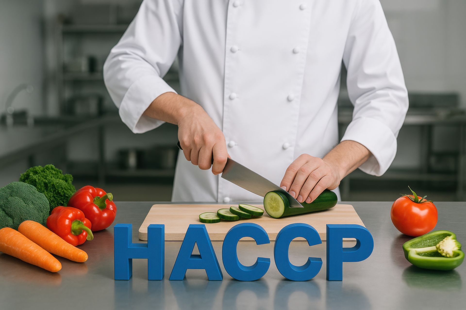 Chef coupant du concombre avec des légumes sur une table ; lettres HACCP devant.