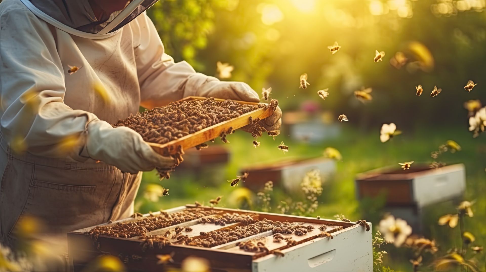 Apiculteur en combinaison de protection examinant le cadre du nid d'abeilles, entouré d'abeilles volantes dans un jardin ensoleillé.