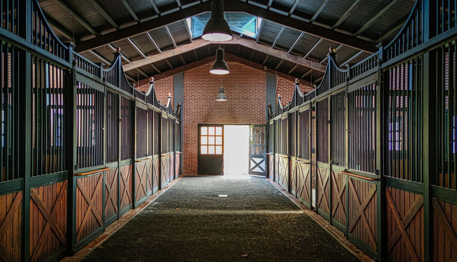 Intérieur d'une écurie avec des stalles en bois et une porte bien éclairée au bout de l'allée.
