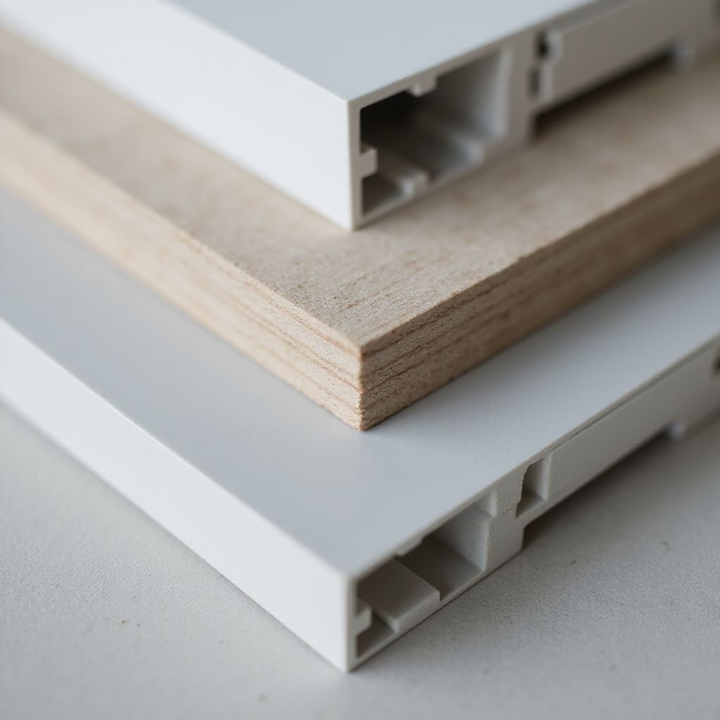 Primer plano de materiales con bordes blancos: una lámina de madera clara y dos piezas con bordes blancos y ranuras internas.