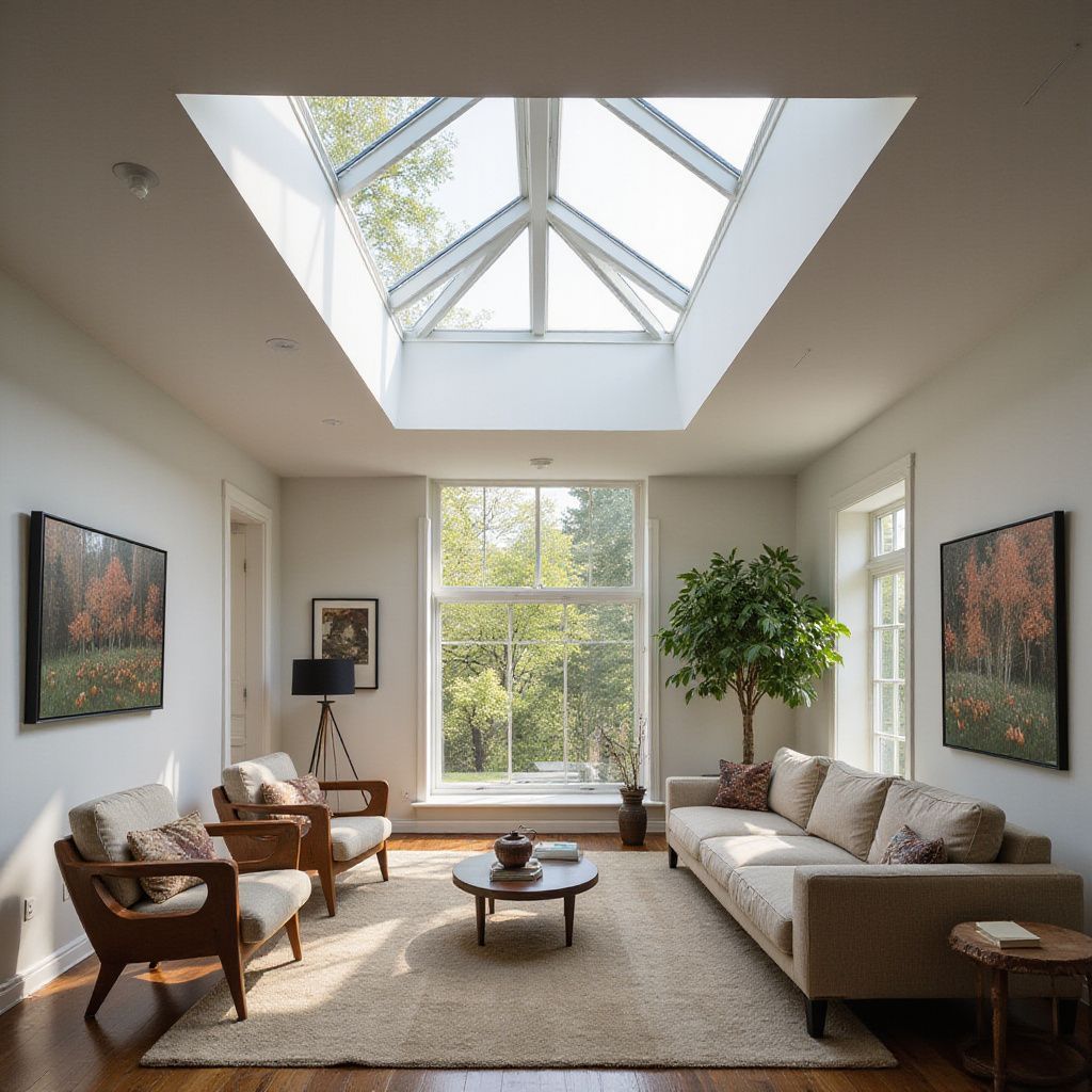 Sala de estar con gran tragaluz, paredes neutras, luz natural y muebles modernos.