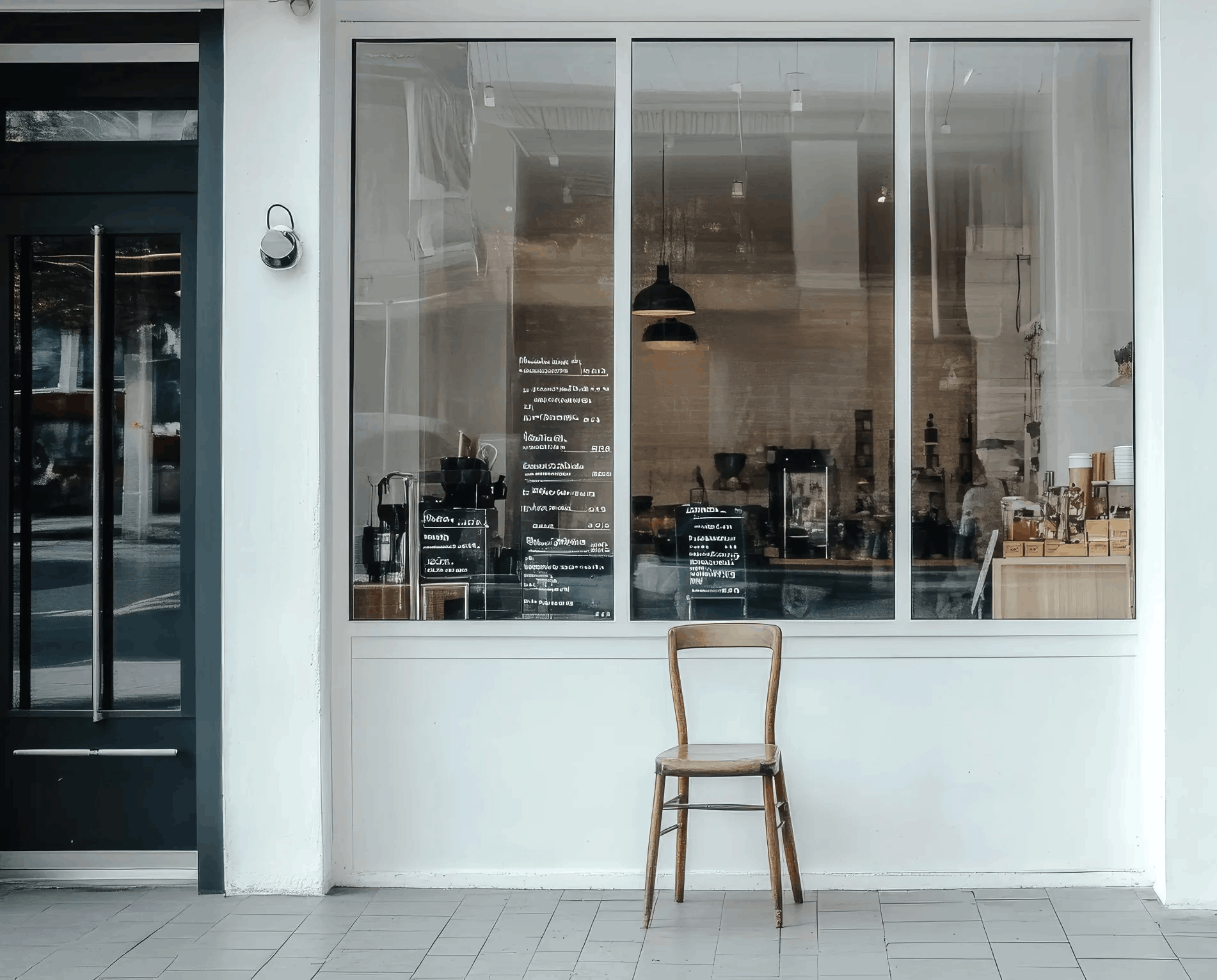 Una silla de madera se encuentra afuera de una cafetería con un gran ventanal. 