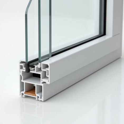 Sección transversal de una ventana blanca de doble acristalamiento. Se aprecian los cristales y un marco de varias cámaras.