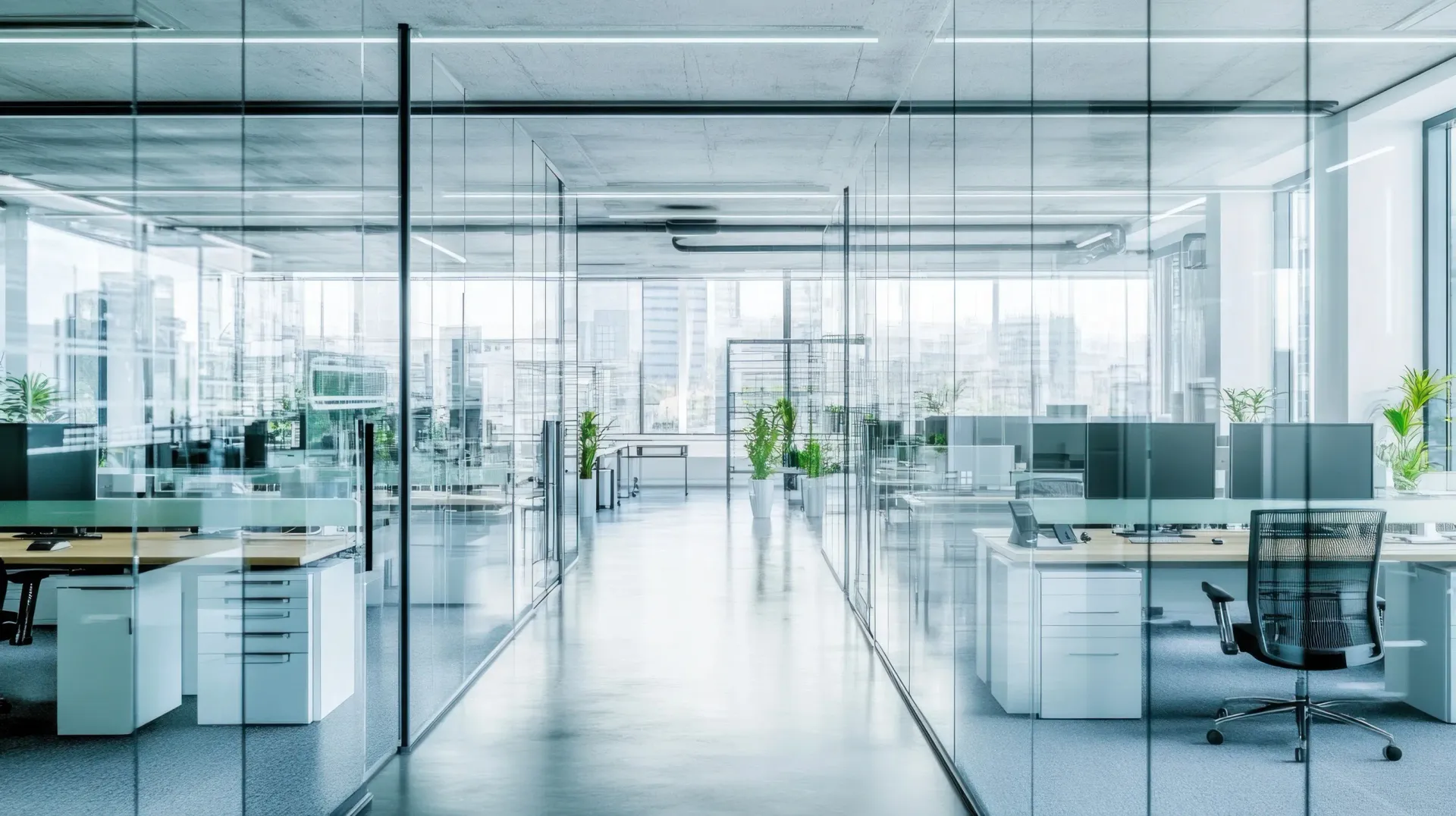 Interior de oficina moderno con paredes de cristal, escritorios y ordenadores. Espacio abierto y luminoso.