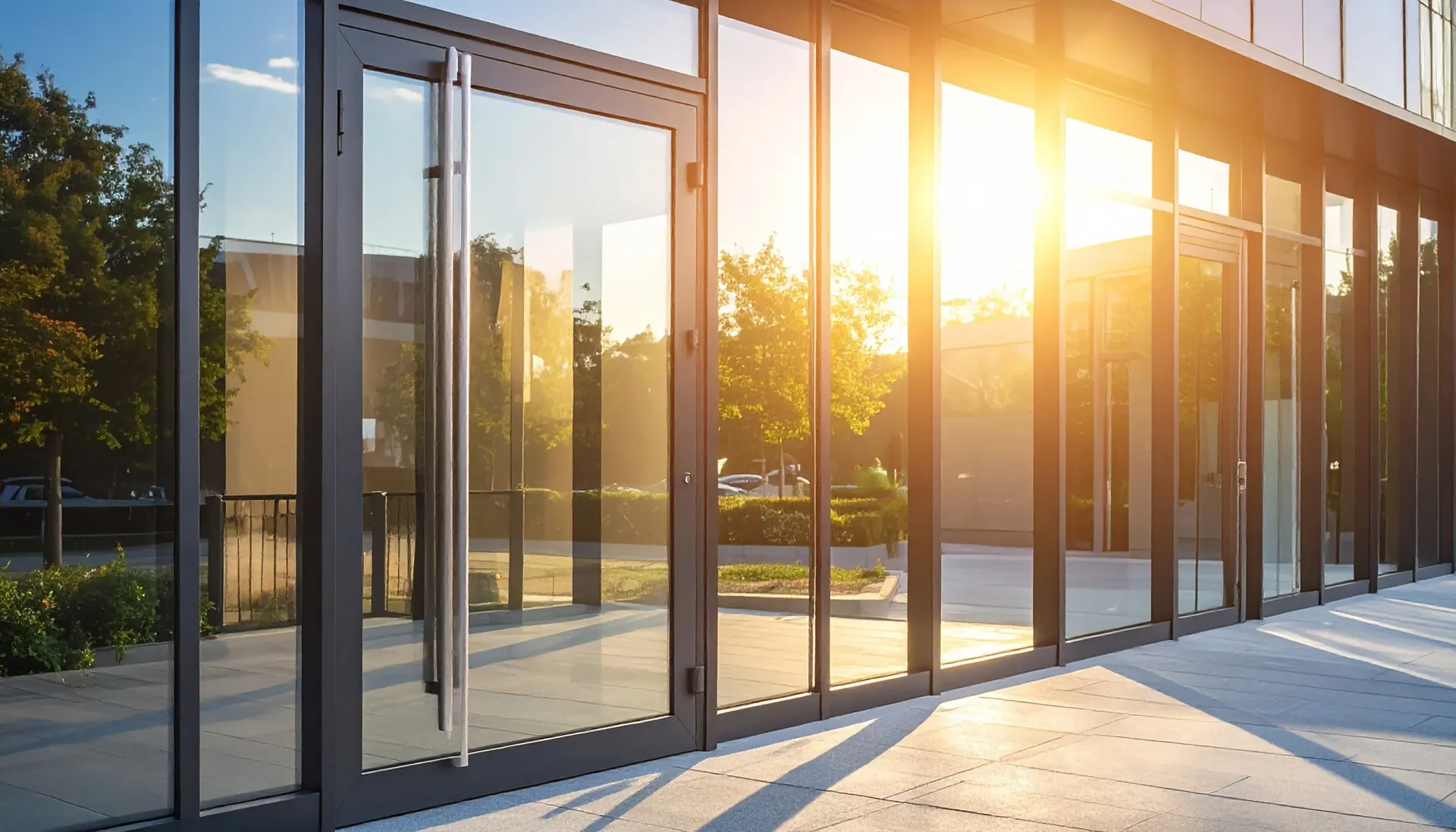 Puertas de entrada de cristal que dan a un soleado exterior. Reflejos en el cristal.