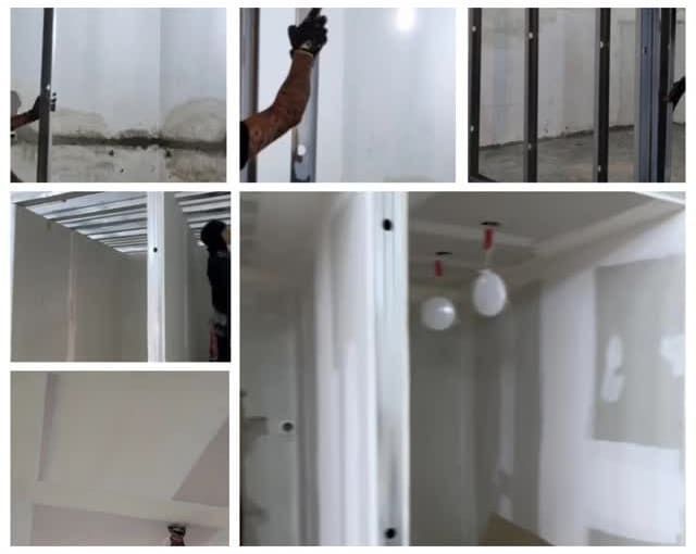 Un collage de imágenes que muestra a un hombre trabajando en una pared.