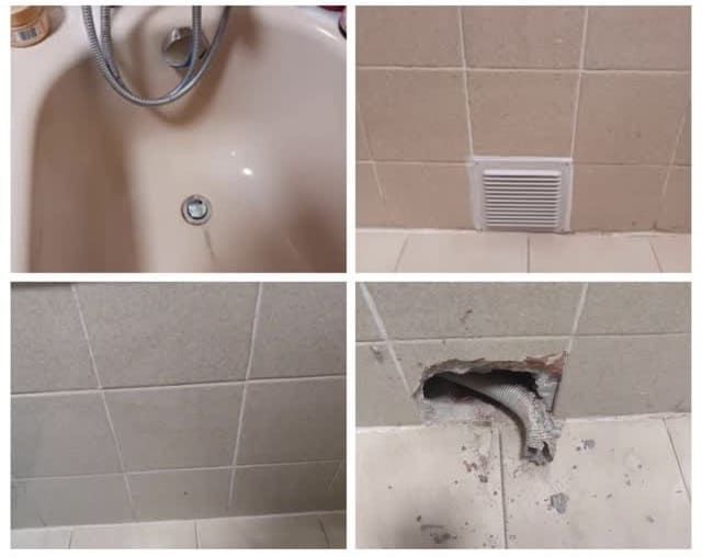 Un collage de cuatro imágenes de un baño que incluye una bañera.